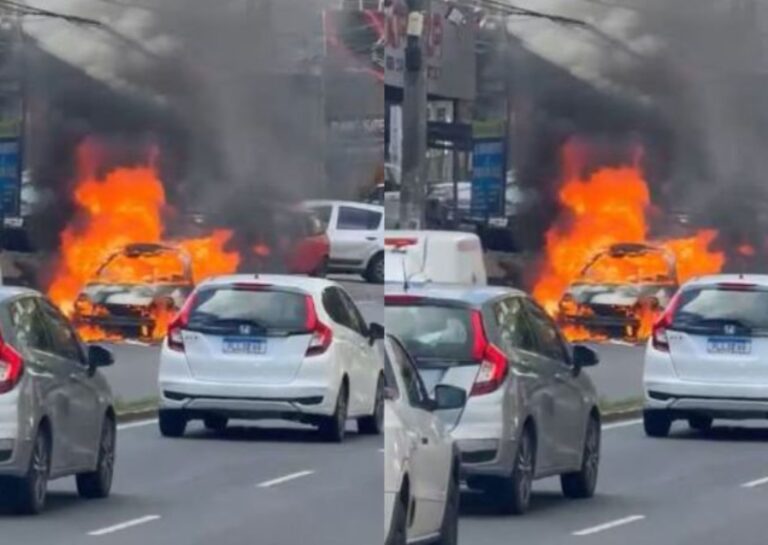 Agora: Carro pega fogo e interdita trânsito nos dois sentidos no Ogunjá
