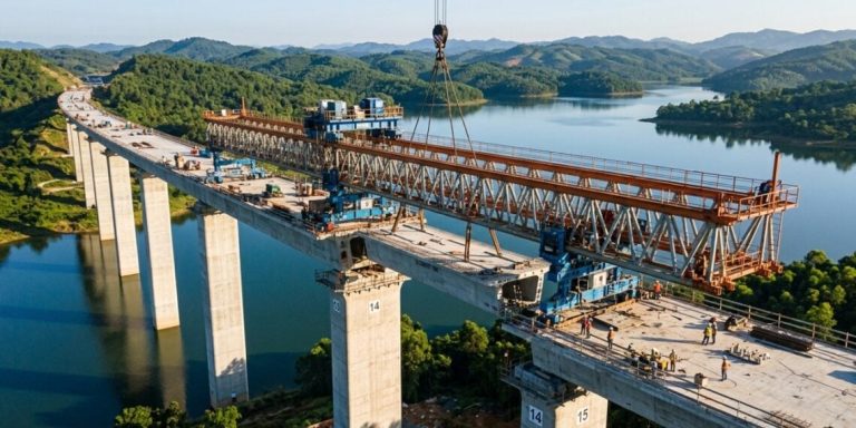 Máquina de 700 toneladas monta viaduto de 3,4 km peça por peça